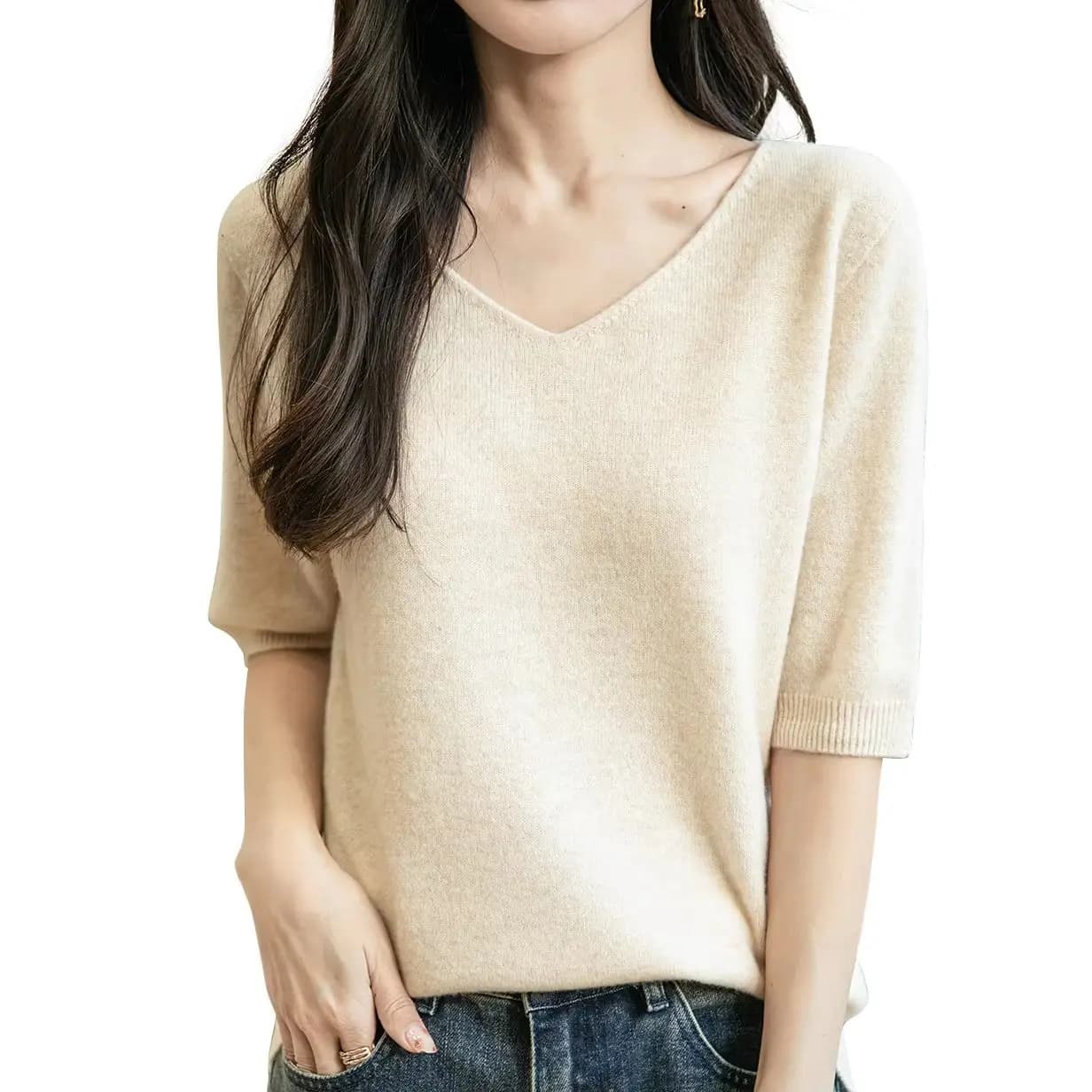 Women's V-neck top 100% merino wool Spring Autumn Winter First line ready to wear Short Sleeved T-shirt in new seamless knit