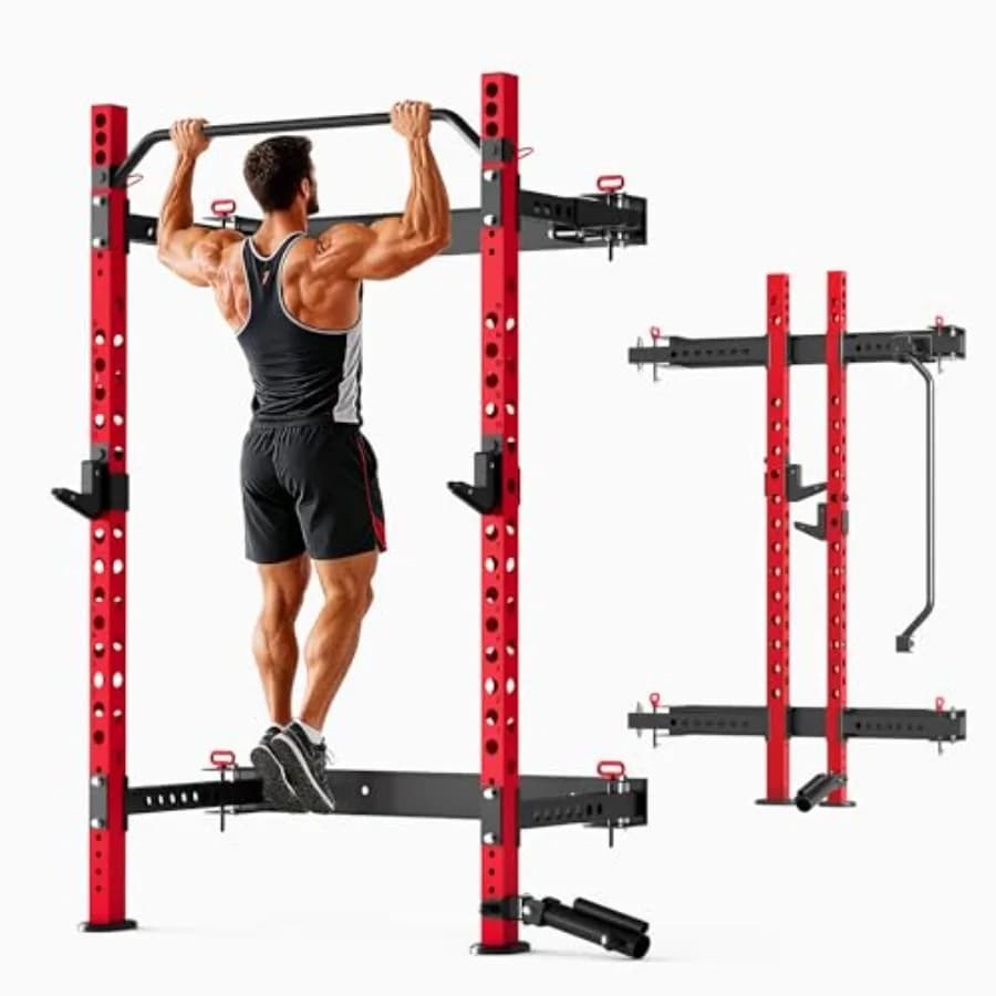 Home gym folding squat rack, steel, black and red, 1100LBS capacity with adjustable pull-up bar, J-hooks, landmine attachment,