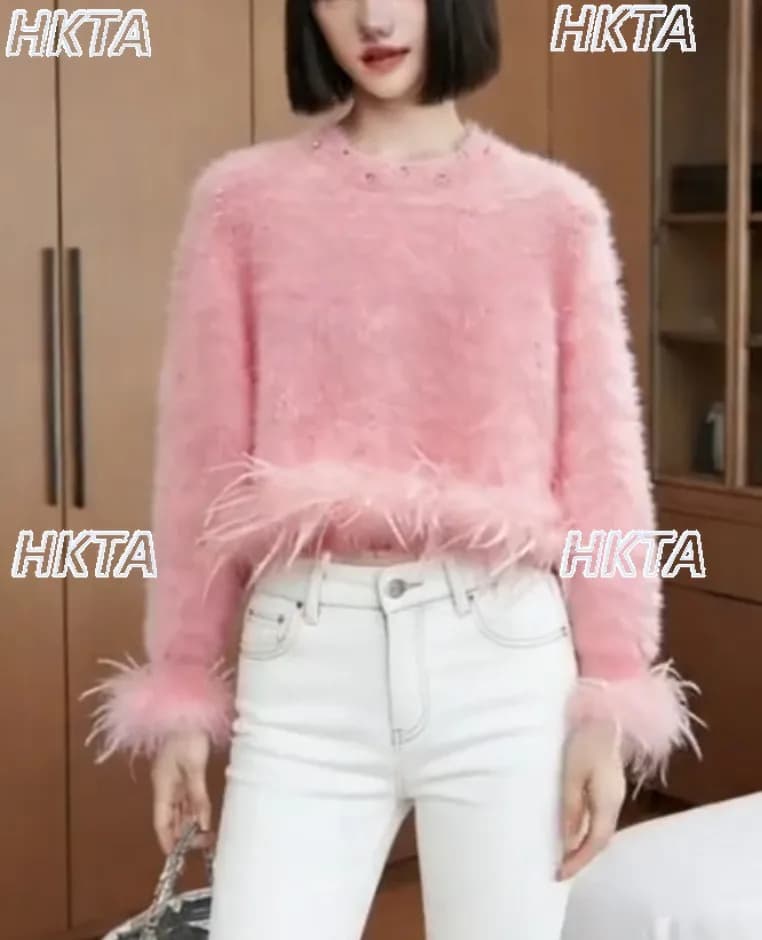 Sweet 2026 Spring Lolita Knitted Sweater Short Top Female Fluffy Stitching Commuter Temperament Loose Versatile Pullover Women