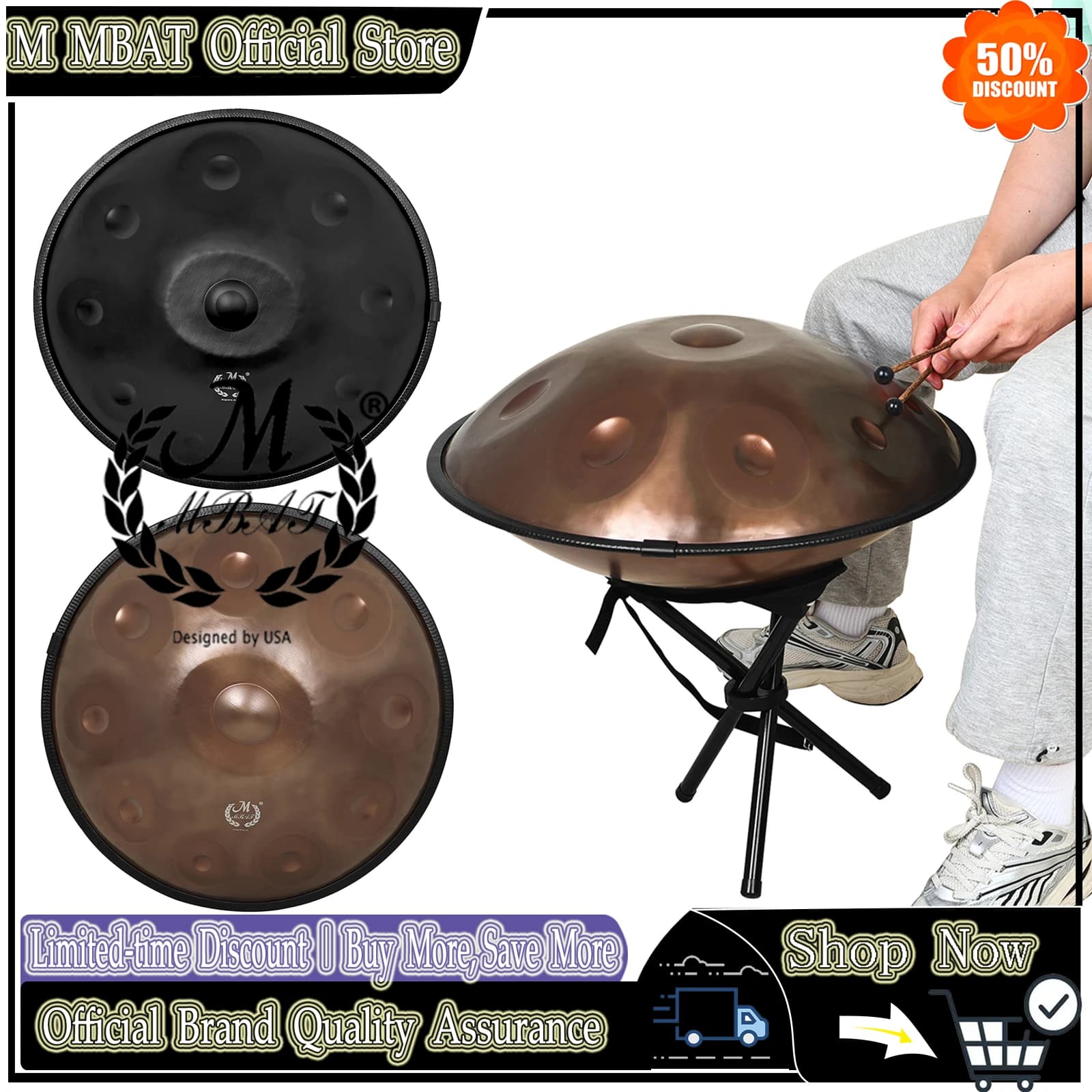 M MBAT Handpan in Re minore da 22 pollici, 432Hz, Tamburo per Meditazione, Strumento Yoga con Lingua in Acciaio, Regalo per Performance Professionali, Zaino e Supporto Inclusi