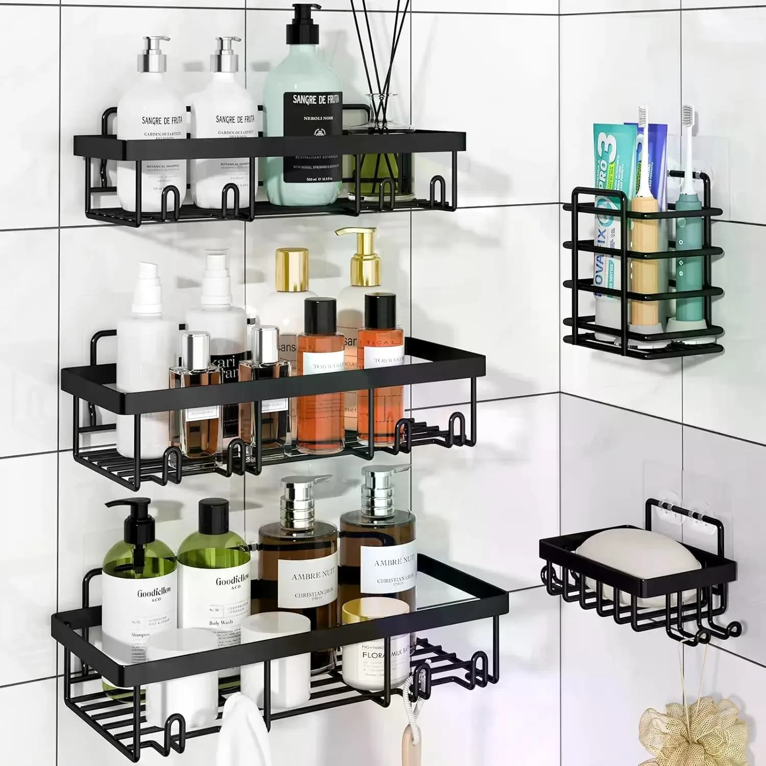 5-Pack Modern Matte Black Self-Adhesive Shower Caddy Set, No-Drill Stainless Steel Shower Organizer with Soap Dish & Toothbrush Holder, Rustproof Wall Mounting Space Saver, Apartment Essential, Bathroom Decor Set, Installation