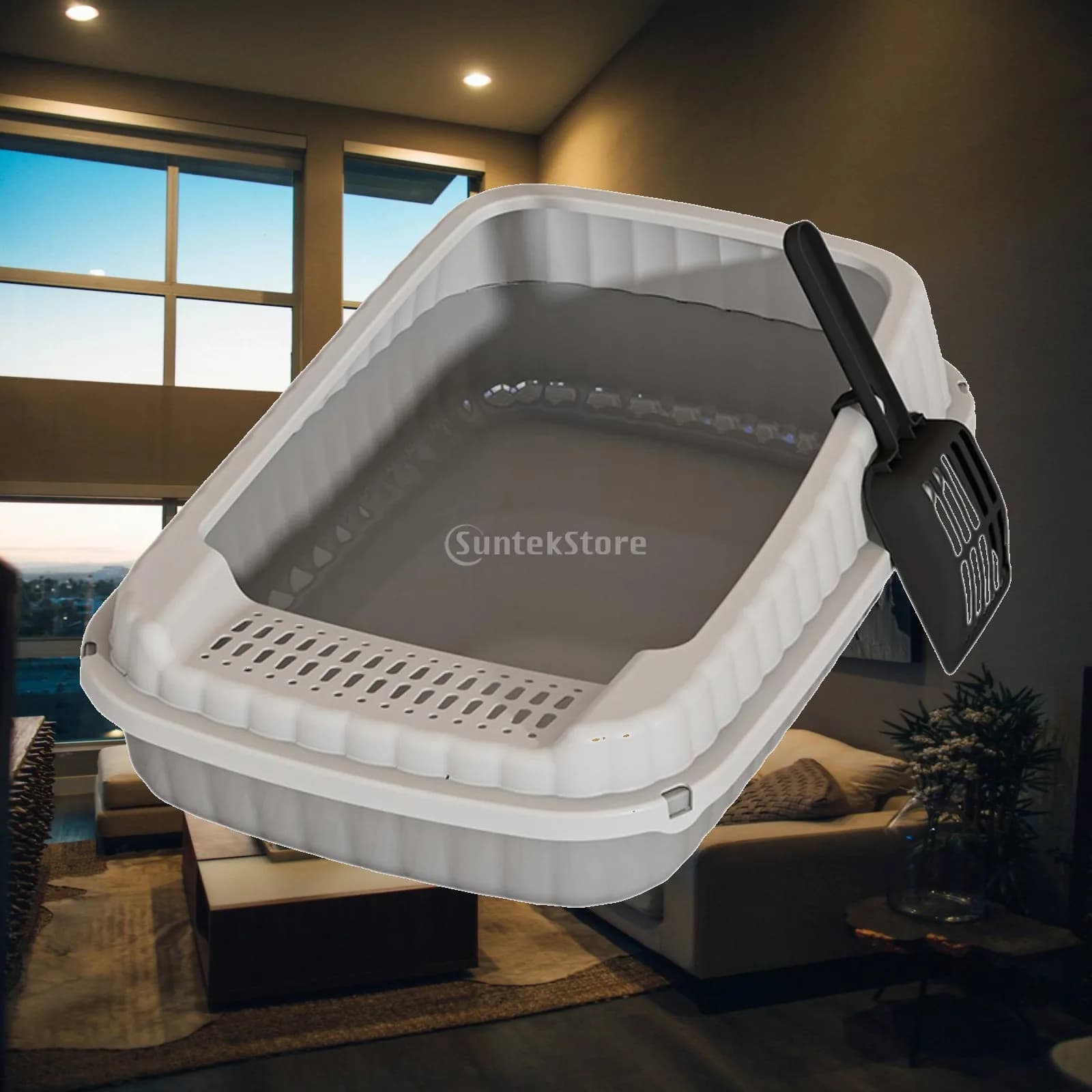 Detachable Easy to Clean Litter Pan PP Open Top Elevated Guard Shovel Set for Kittens Hamsters Rabbits