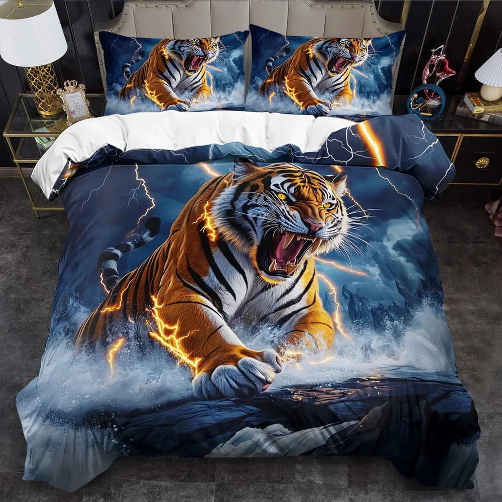Set copripiumino a tema tigre 2/3 pezzi, morbido, traspirante e confortevole, set biancheria da letto con stampa animalier dei cartoni animati con chiusura a cerniera