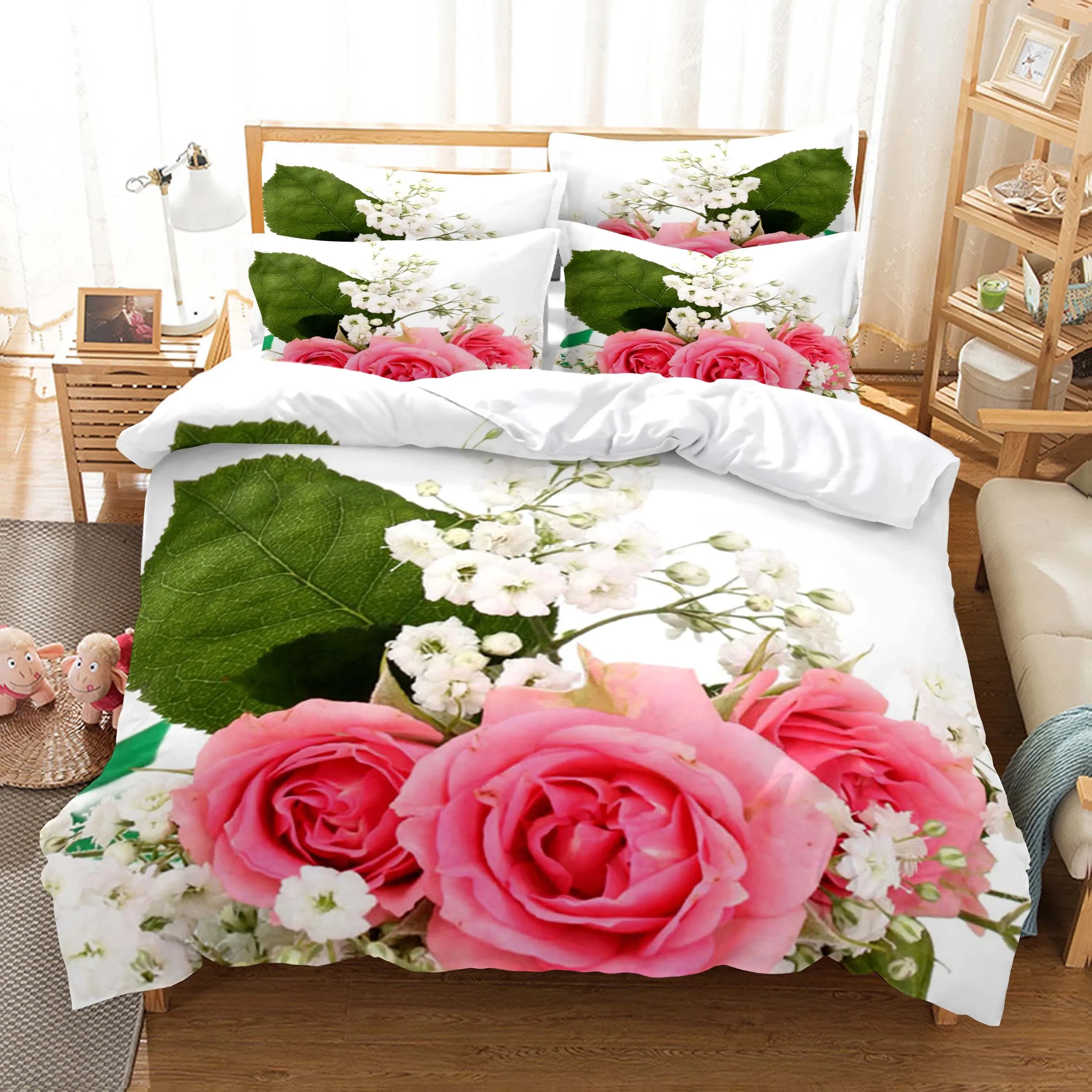 Biancheria da letto da sposa fiore rosa rossa Super confortevole doppia copertura doppia king size 2 pezzi federa set di coperture tessili per la casa per letti