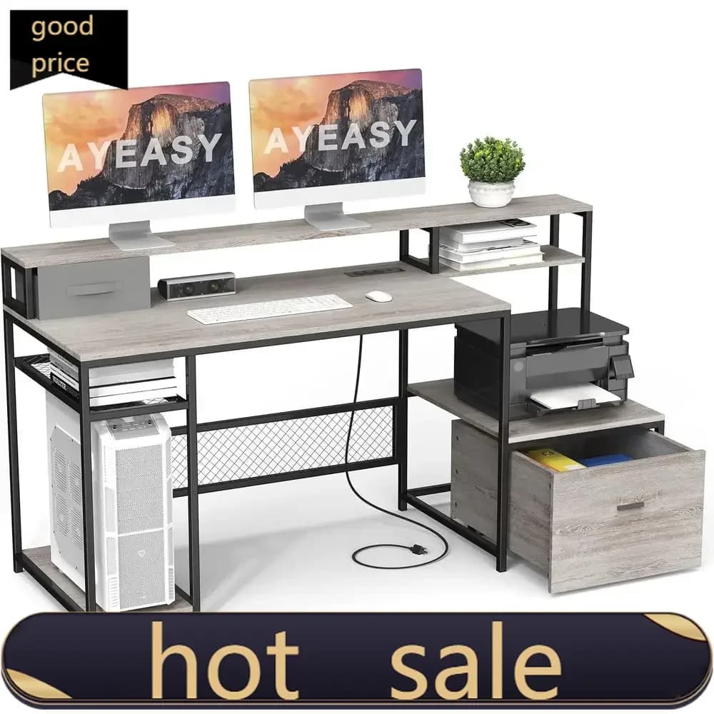 66 inch gray office desk with storage space, monitor support, power sockets, USB ports and card - Promotional price