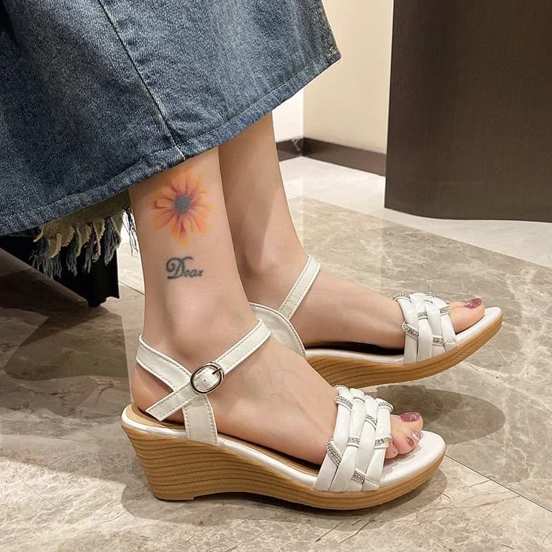 Eleganti Sandali Casual con Zeppa per Donne, Nuovo Stile Estivo, Punta Rotonda, Leggeri, Open Toe, Alla Moda, Tacchi Alti in Stile Romano