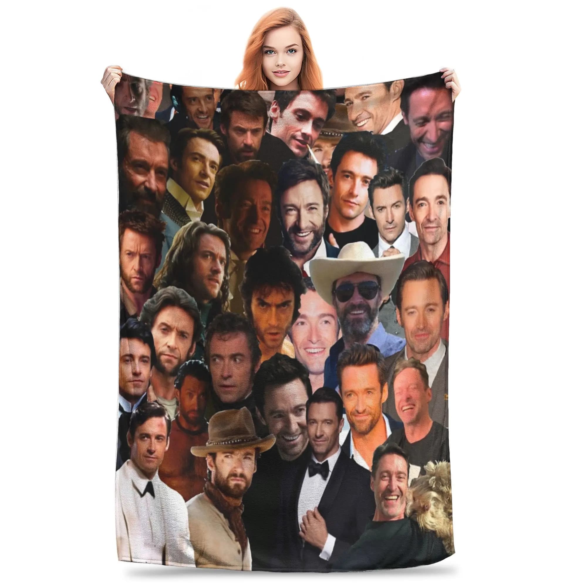 Coperte divertenti con collage di foto di Hugh Jackman, coperte in flanella ultra morbida, lavabili in lavatrice