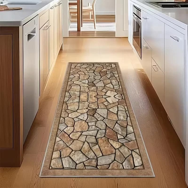 Modern kitchen mat with stone tile pattern, non-slip carpet, long striped mat for floor, easy to clean, dining corridor decoration