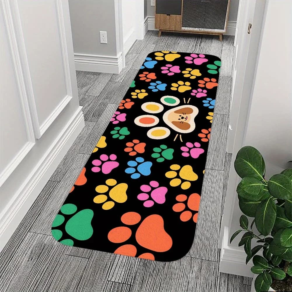 Tappeto Lungo con Stampa di Zampe Colorate su Base Nera, Tappetino Decorativo per Casa, Camera da Letto, Ingresso, Stanza degli Animali Domestici