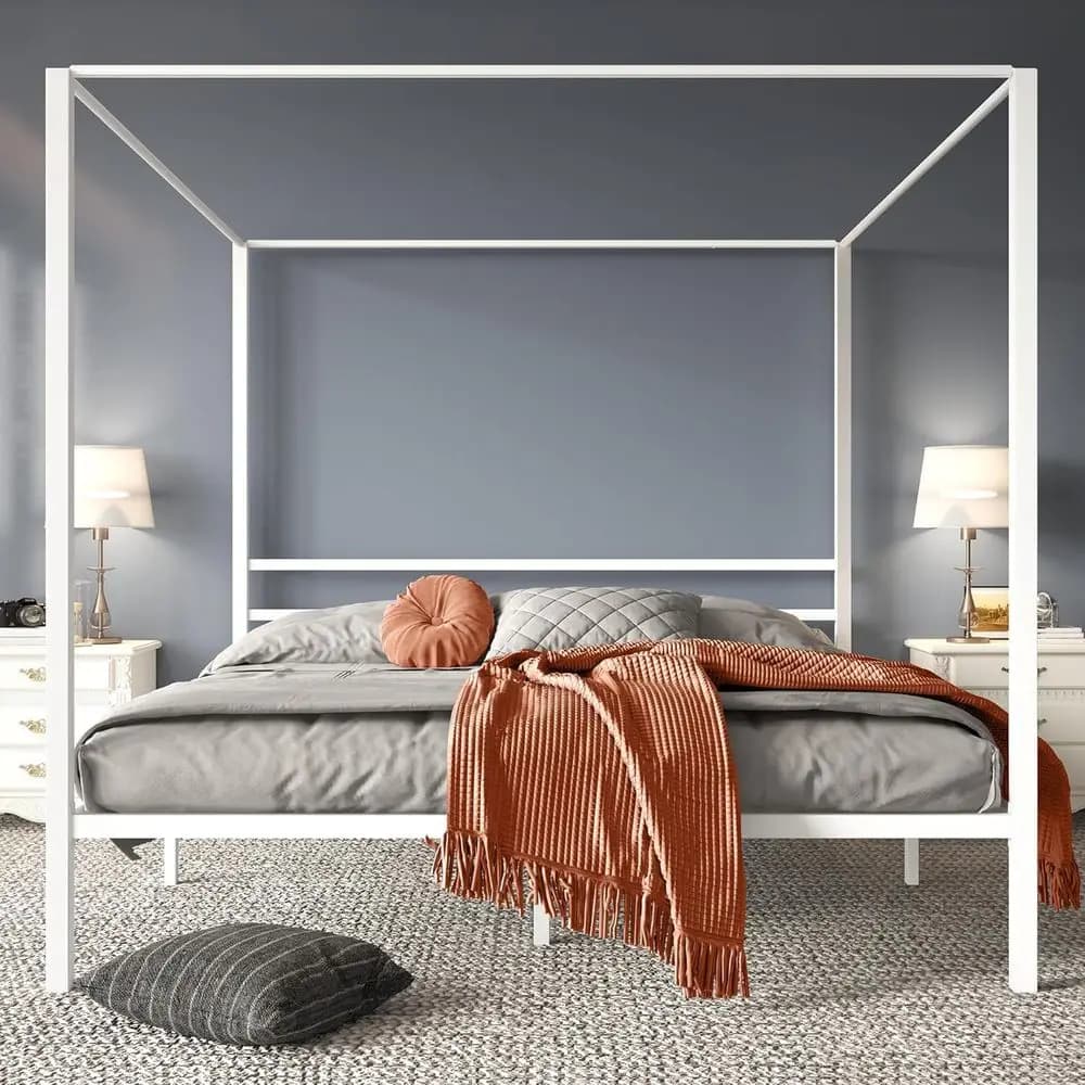 Letto a Baldacchino King Size in Metallo con 12 Vani Portaoggetti Sottostanti, Letto a Piattaforma con Quattro Colonne e Doghe in Metallo, Nessun Box Spring Necessario, Facile
