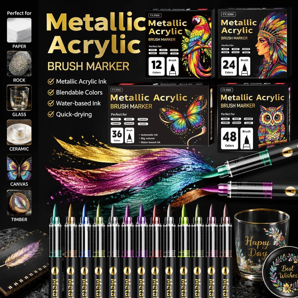 12/24/36/48 Pcs Acrylic Brush Paint Markers No Bleed Metallic Shiny Pens Ceramic Wood Canvas Gift Decor Art Creation Stationery