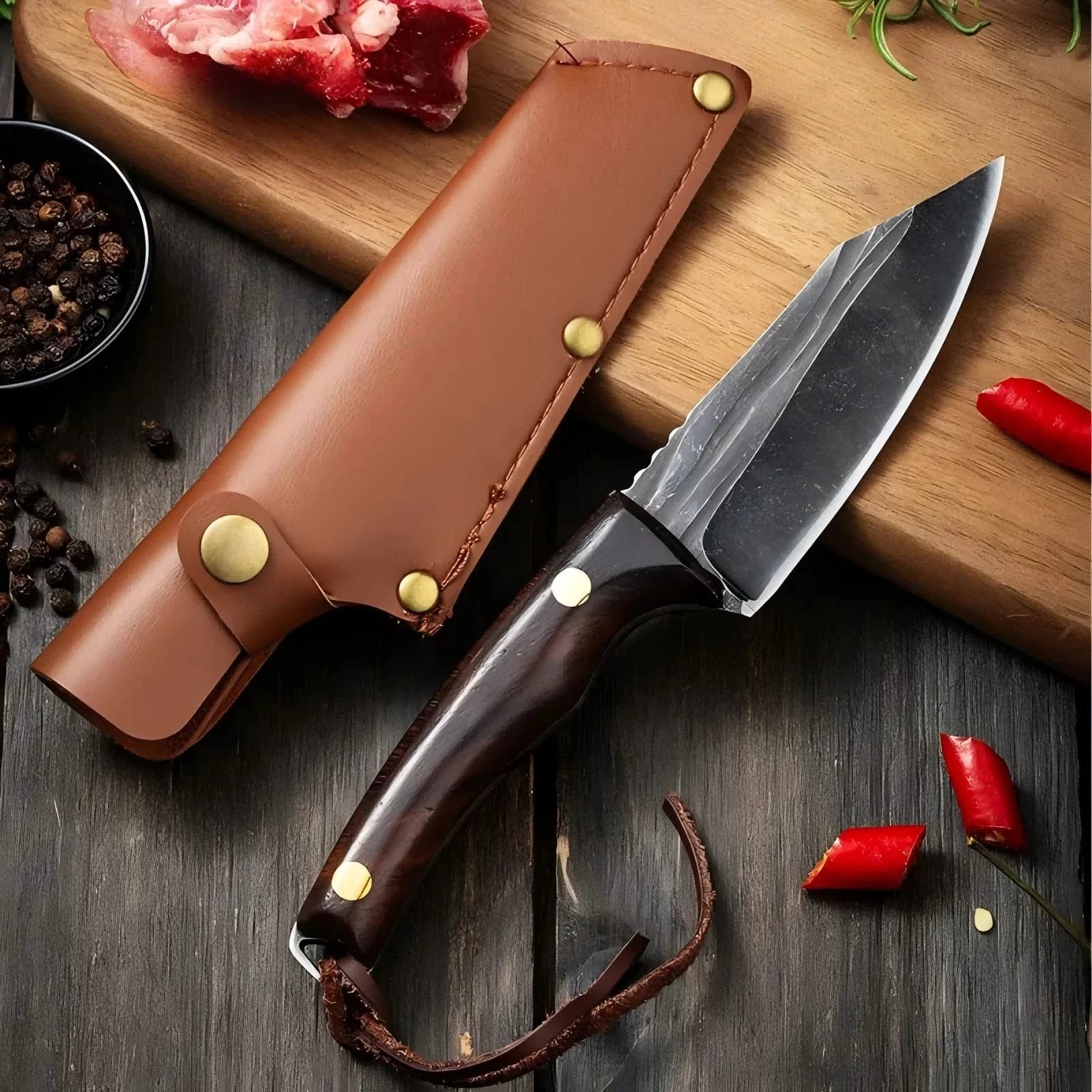Hand Forged Multifunctional Kitchen Cleaver, Stainless Steel Chef Knife for Meat Cutting, Vegetable and Fruit Slicing