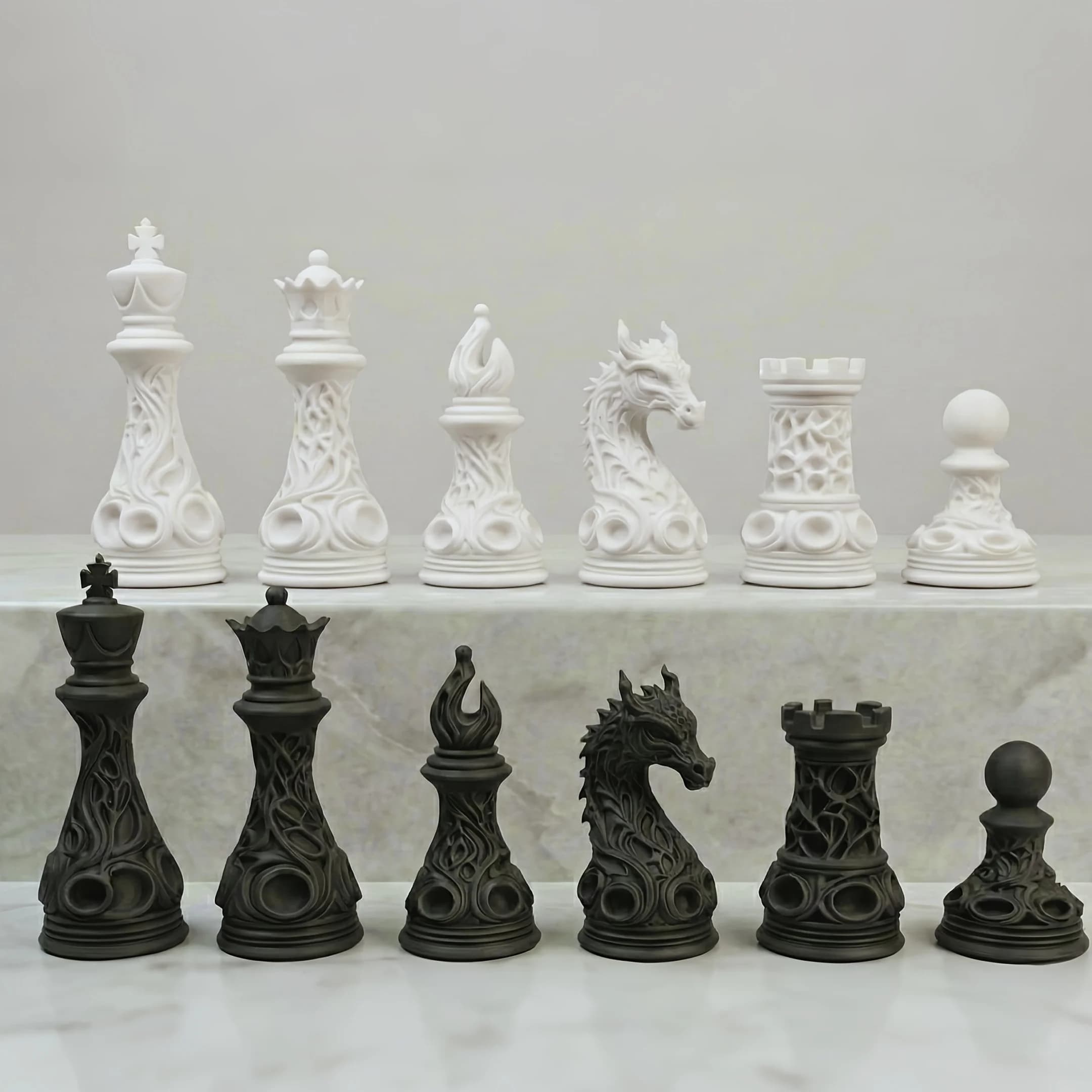 32-piece 3D printed plastic Gothic Revival black and white chess set | Sci-fi Celtic woven art dragon pattern