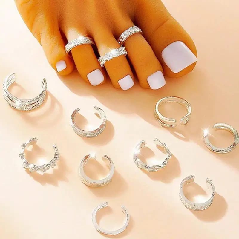 Set of 12 adjustable rings for women's toes, open rings stackable for summer and beach, jewelry for bare feet.