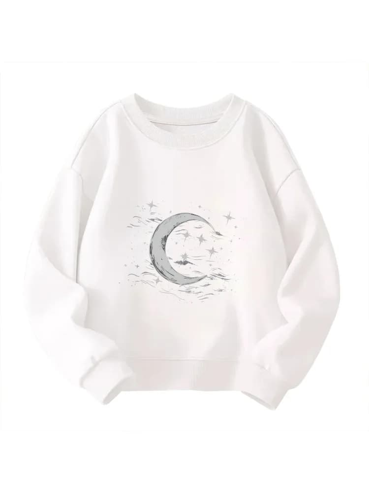Felpa girocollo da ids - Pullover bianco con grafica Celestial Moon & Stars, top casual morbido a tema notte da sogno