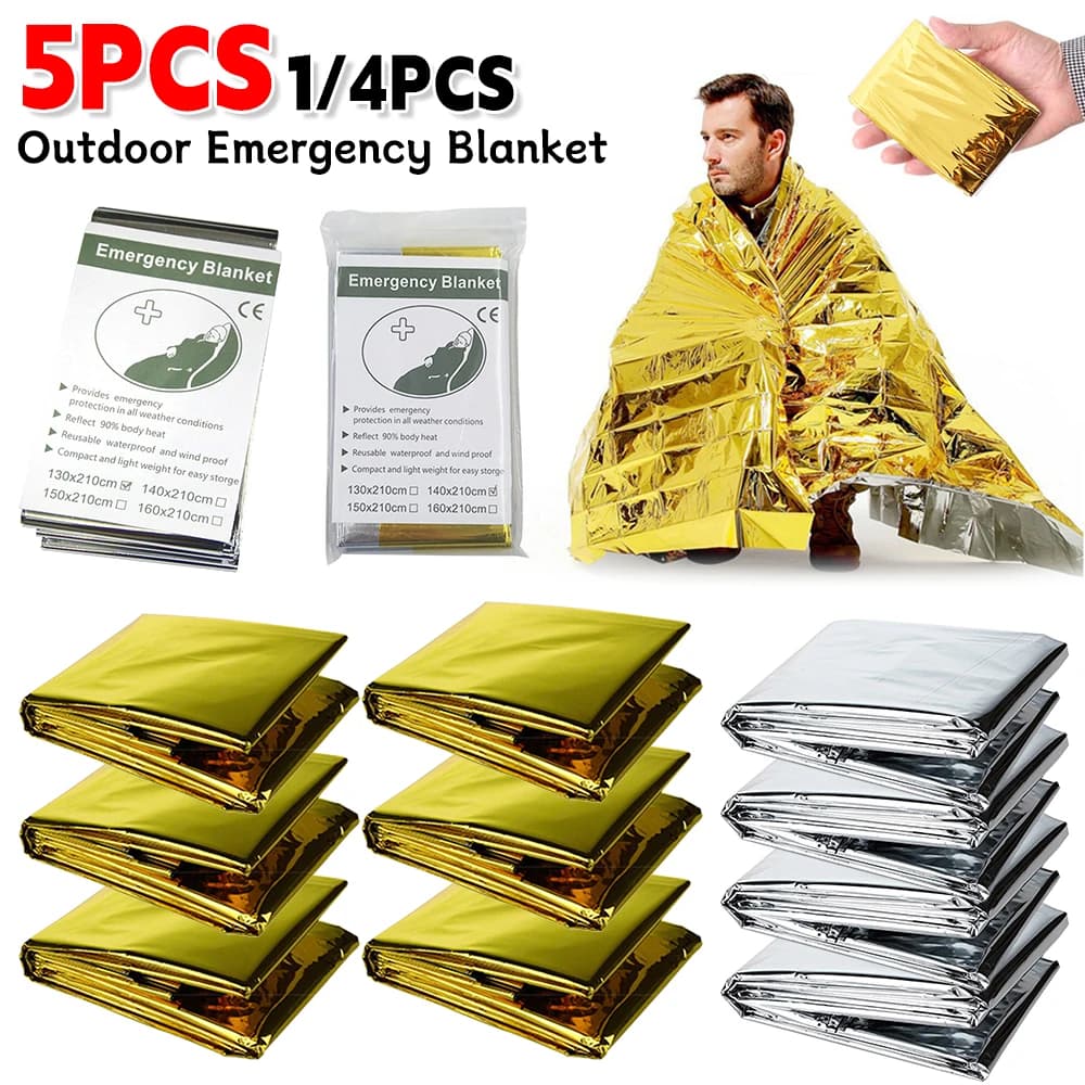5Pcs coperta di emergenza all'aperto Kit di salvataggio di pronto soccorso di sopravvivenza coperta termica in lamina impermeabile coperta isolante calda per il campeggio