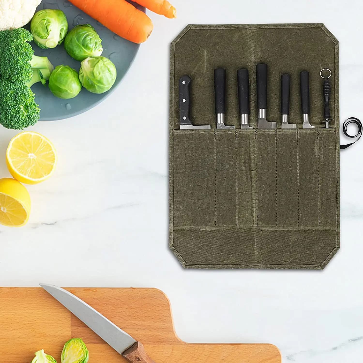 Borsa Portacoltelli in Tela Cerata Impermeabile, Borsa da Chef Portatile per Picnic, Campeggio, Barbecue, Cucina, Borsa Portadocumenti Arrotolabile