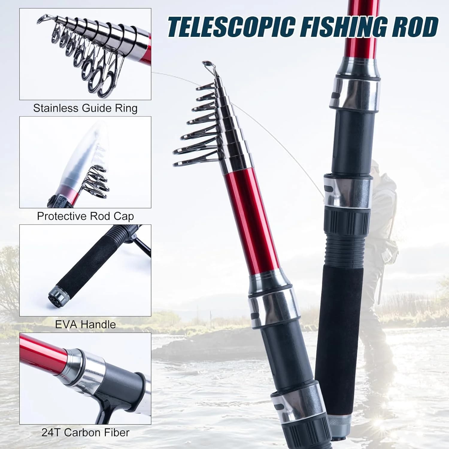 Goture Canna da Pesca Telescopica in Fibra di Carbonio 1.8-2.7m 24T con Mulinello Spinning 5.2:1, Borsa Impermeabile, Kit Attrezzatura da Pesca Portatile