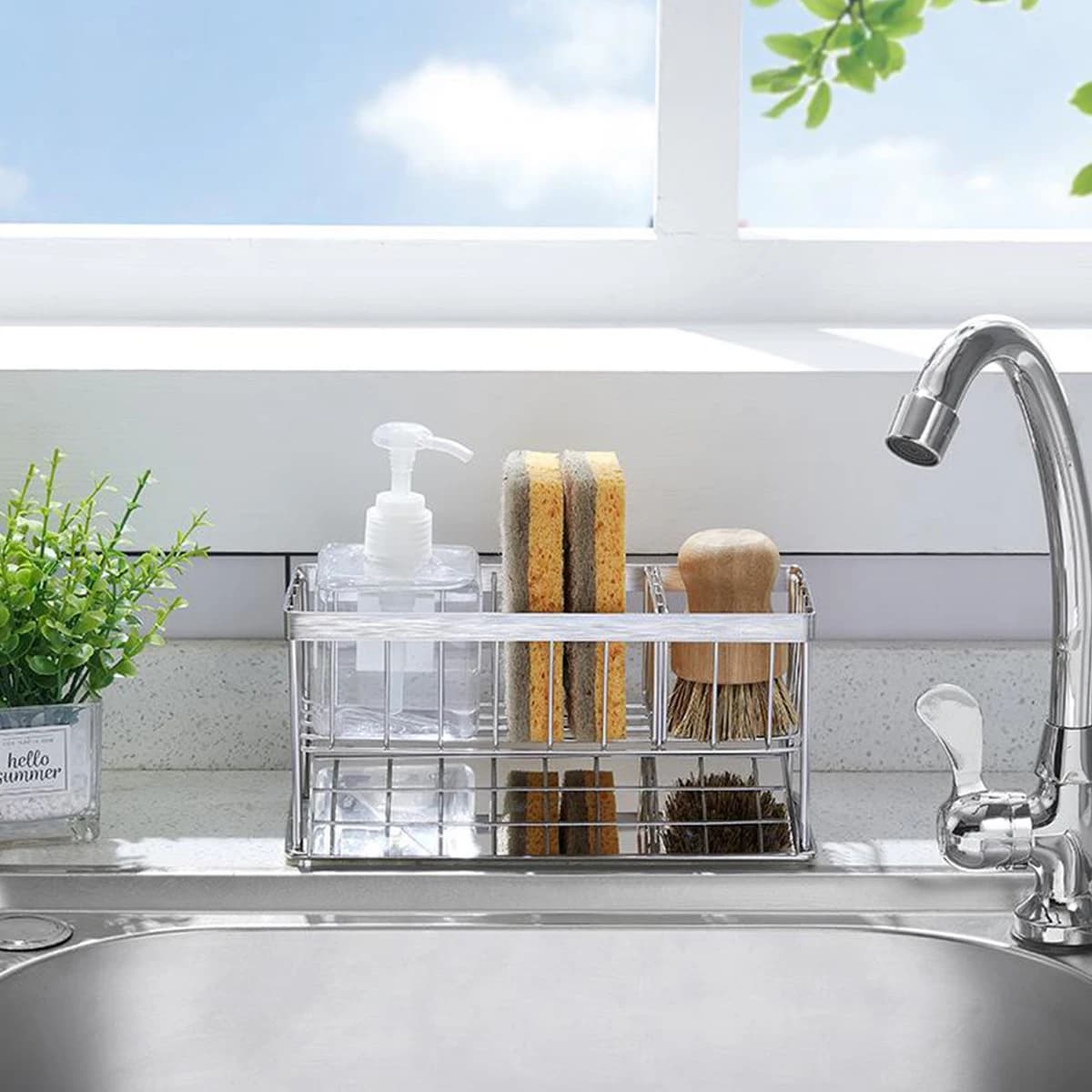Portaspugne da lavello 2026 in acciaio inox 304, dispenser sapone e porta spazzole con vassoio di scarico rimovibile per cucina