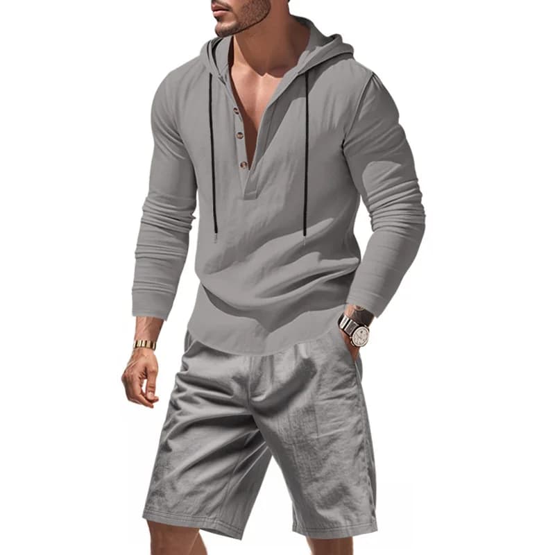 Completo da uomo in lino a 2 pezzi con felpa con cappuccio a maniche lunghe e pantaloncini con coulisse