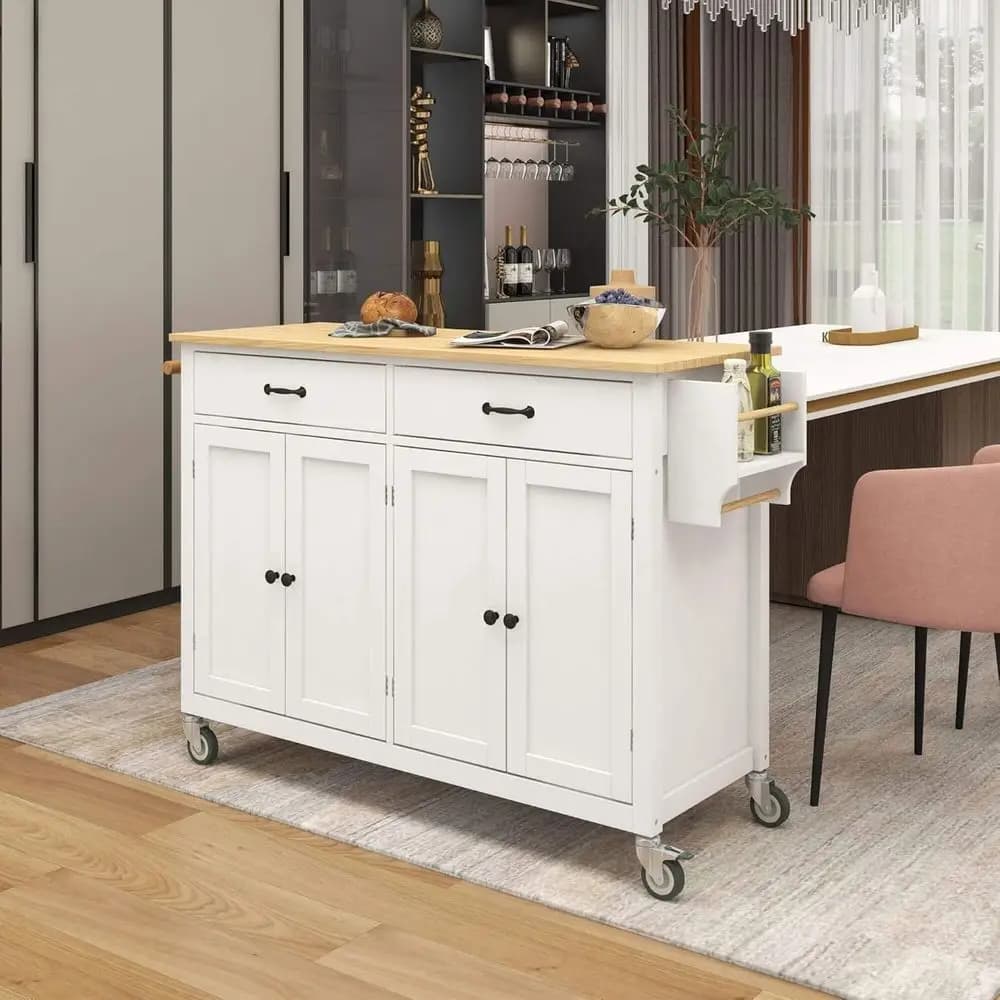 Carrello da Cucina Bianco in Legno con 4 Ante, 2 Cassetti, Portaspezie, Portasciugamani, Larghezza 54 Pollici
