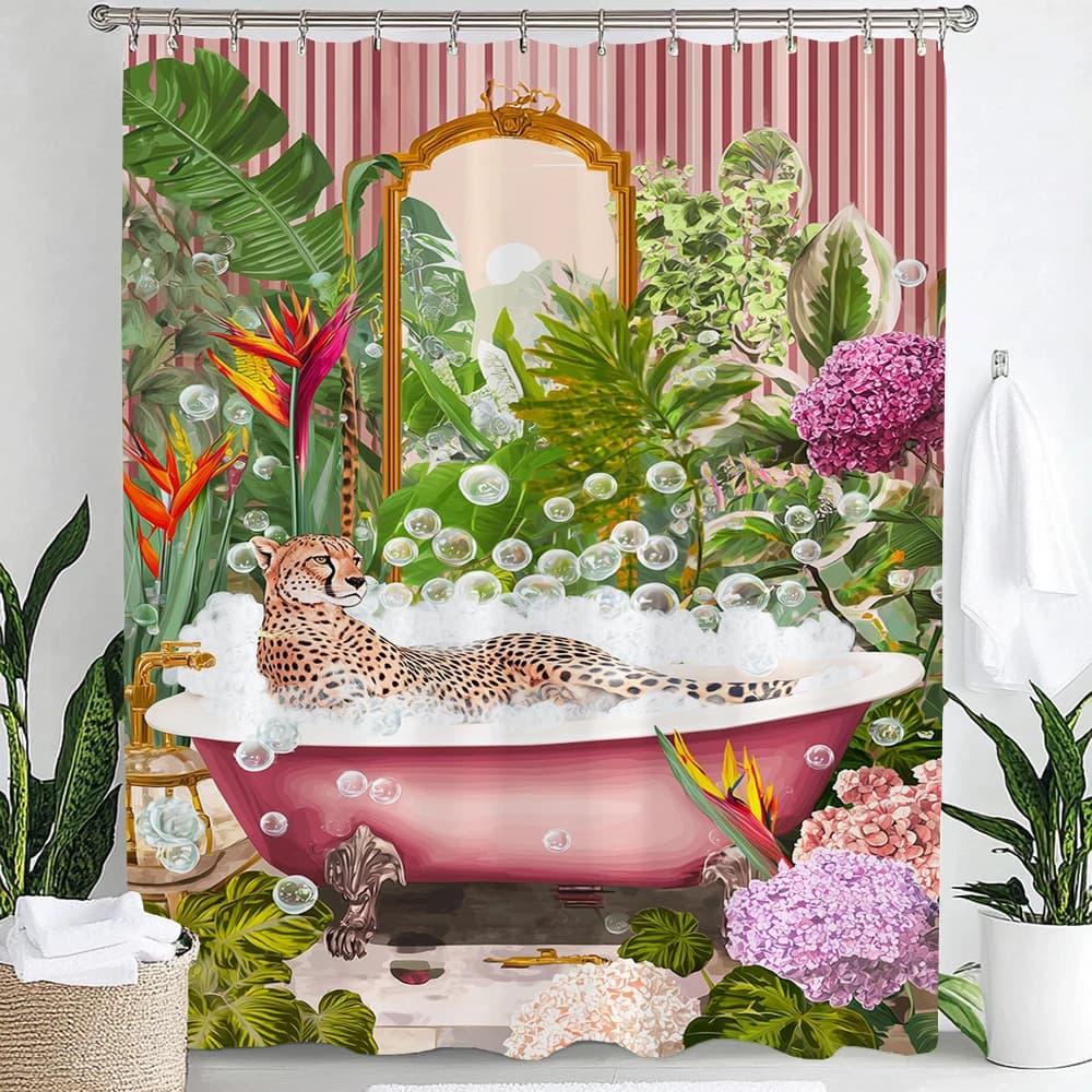 Divertente tenda da doccia leopardata, gatto, cane e animali che fanno il bagno in piante nordiche, vasca da bagno, tenda da doccia decorativa con ganci