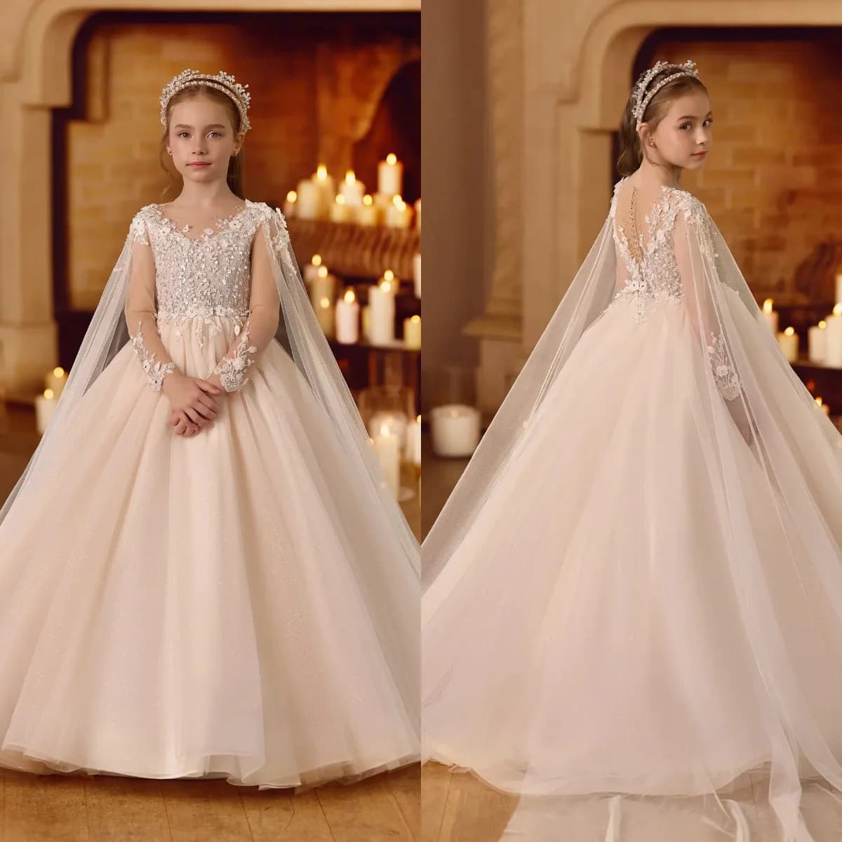 Abiti da ragazza di fiore beige per matrimonio Abito da ballo con perline in pizzo a maniche lunghe Abiti da festa di compleanno Abito da prima comunione
