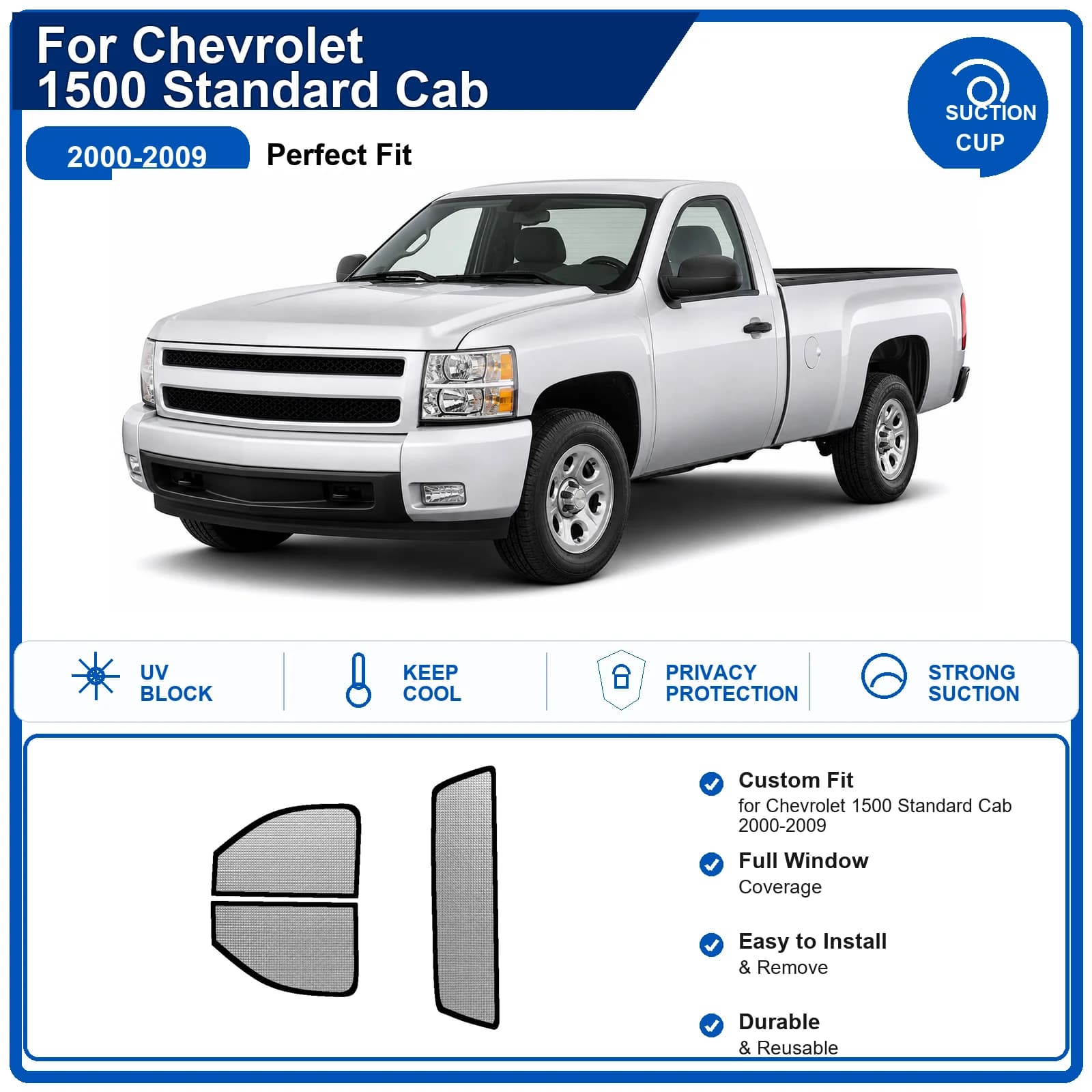 For Chevrolet 1500 Standard Cab 2000-2009 Custom Full Set Windshield Sun Shade Aluminum Foil Heat Insulation Anti UV Foldable