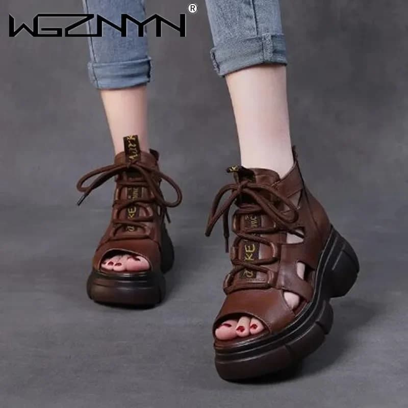 2024 Genuine PU Leather Zip Retro Shoes Women Sandals New Ankle Boots Summer Handmade Hollow-out Lace-up Casual Platform Sandals