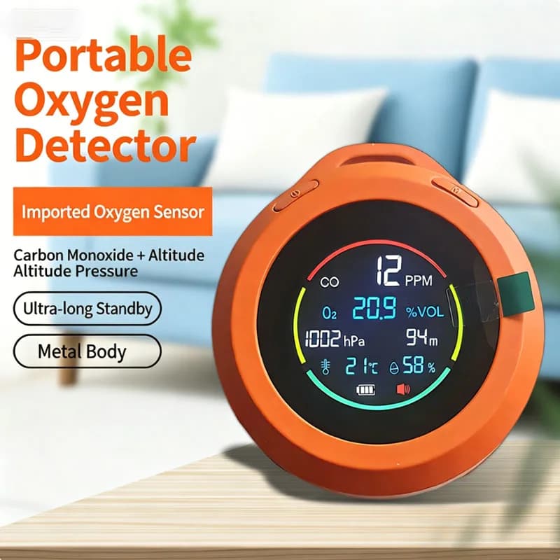 Portable metal oxygen and carbon monoxide detector for outdoor activities, altitude barometer, temperature and humidity meter