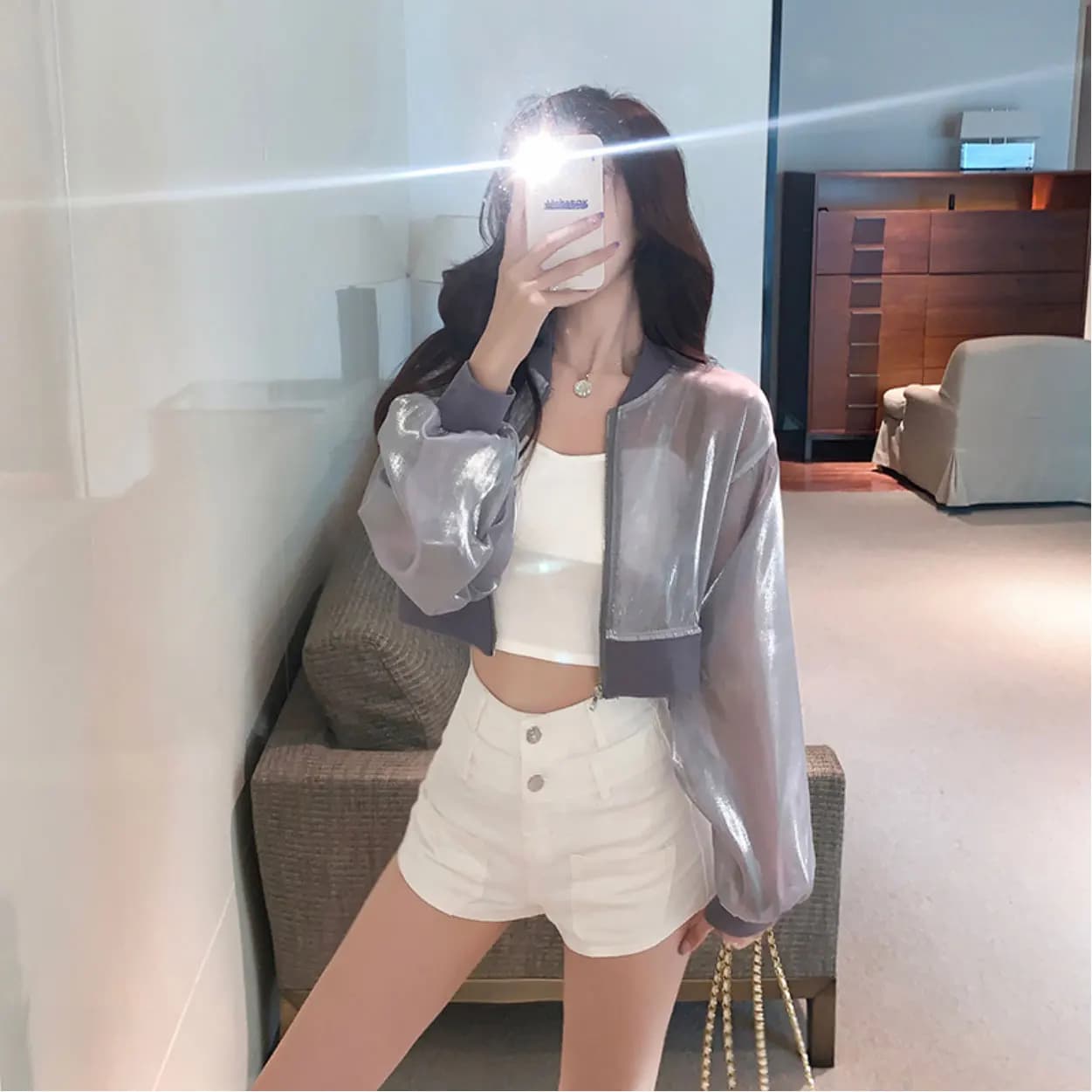 Summer Women's Light Thin Transparent Zipper Shiny Thread Short AC Shirt Sun Protection Outerwear Korean Style Bubble Sl...