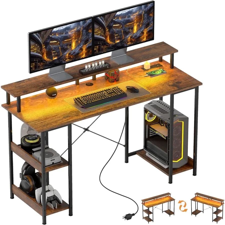 55 Reversible gaming desk with integrated current sockets and environmental LED lighting includes monitor support and double-level storage space