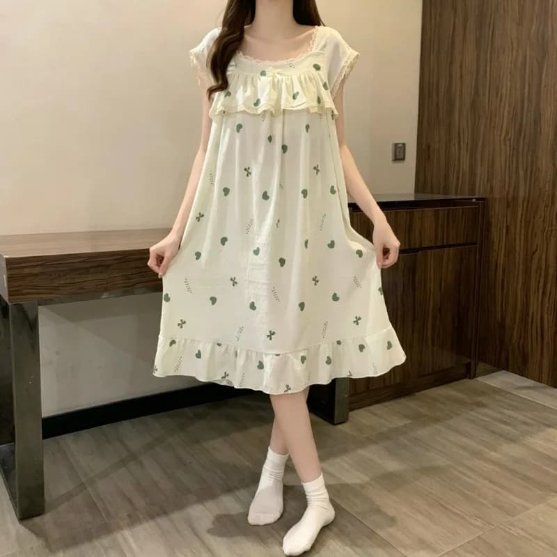 Nightdress Cute Sweet Women Square Neck Printed Heart Bow Nightgowns Lace Trim With Built-in Chest Pad Summer Ladies Sleep Dress