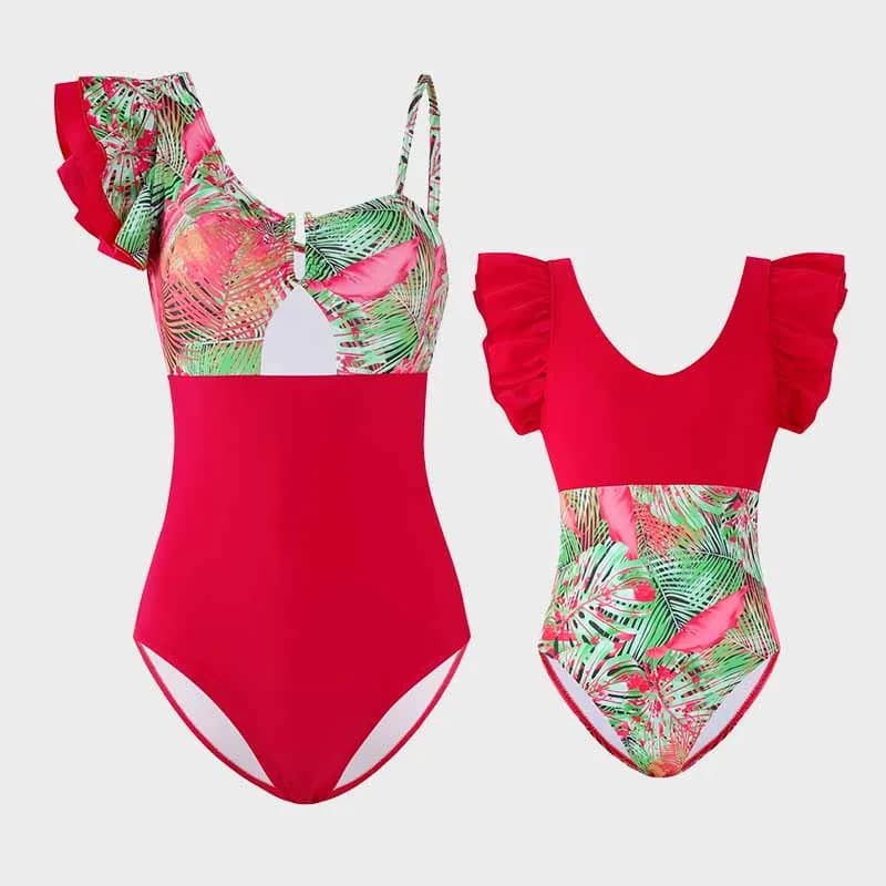 Family Matching Clothes Mother Daughter Bikini Parent-Child Ruffle Swimwear New Summer Print Jumpsuit Swimsuit Holiday Beachwear
