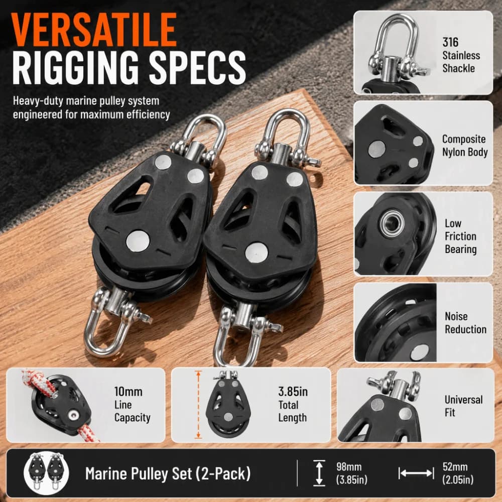 Practical Stainless Steel Marine Pulley Black Durable Boat Pulley Set Nylon Sheave Pulley Kayak Rope System Upgrade