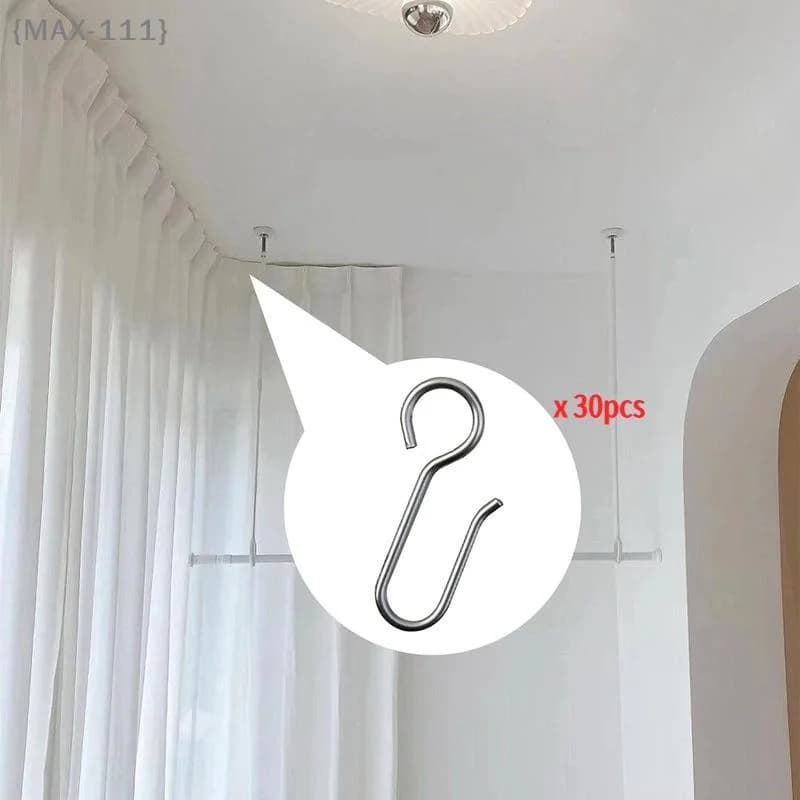 【F2-MAX111】30 ganci a forma di S in metallo per installazione di binari per tende - Set di accessori pratici per decorazioni di tende da soffitto e doccia