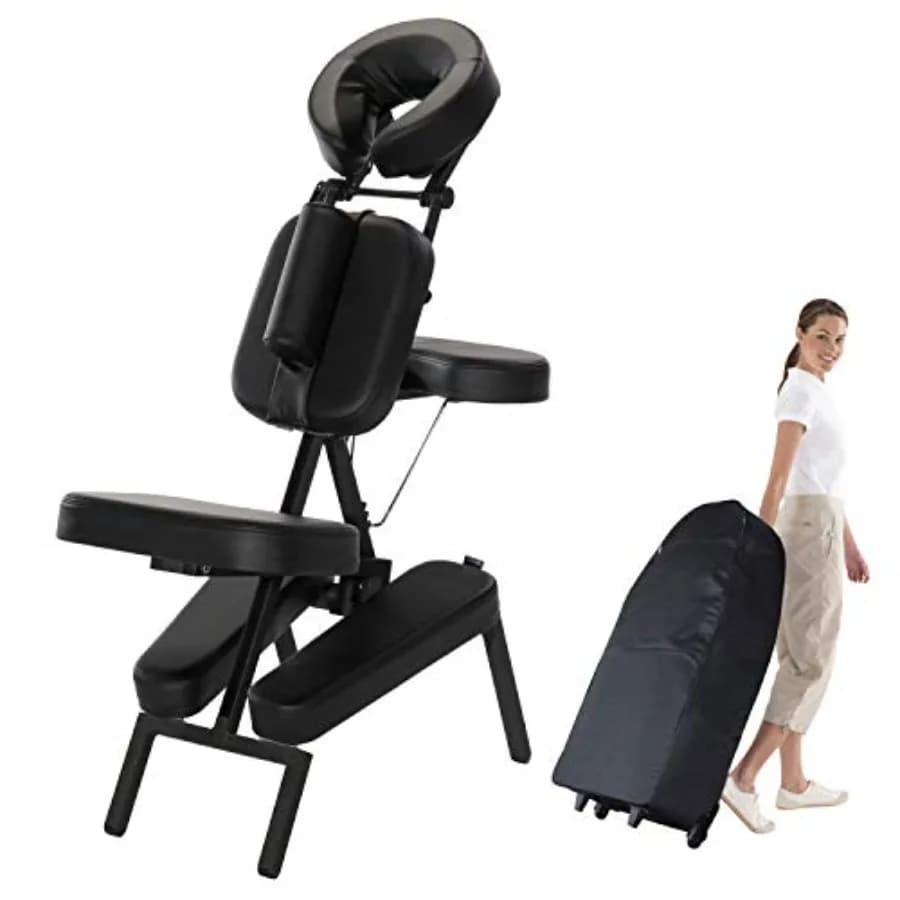 Portable Massage Armchair for Home and Office with Light Aluminum Frame and Black Cushions - Foldable Design with Wheels and S