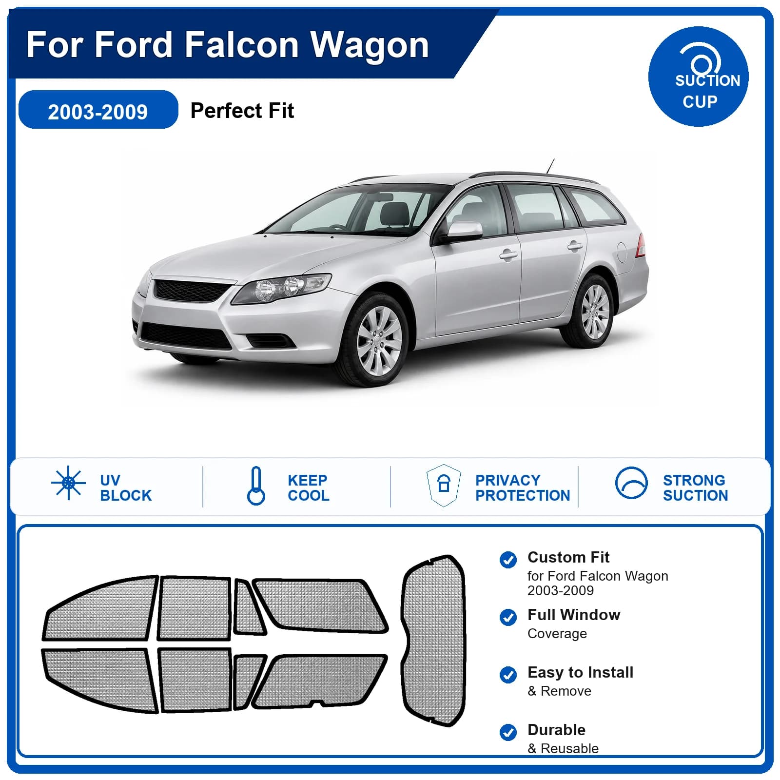 For Ford Falcon Wagon 2003-2009 Custom Full Set Windshield Sun Shade Aluminum Foil Heat Insulation Anti UV Foldable