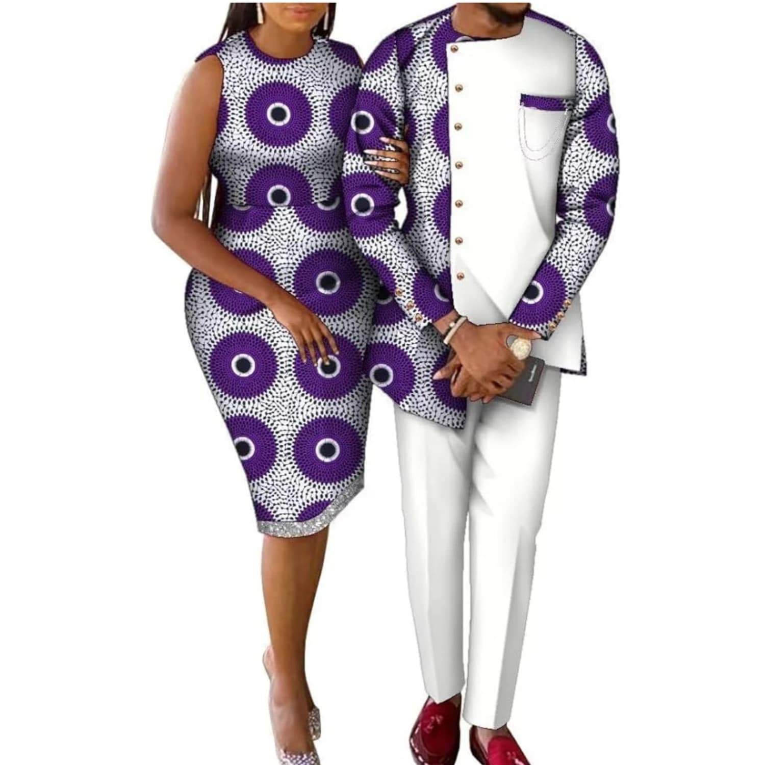 Bintarealwax African Couple Outfits Matching Sets African Print Women Pencil Dresses Men Long Sleeve Tops and Pants Set WYQ1025