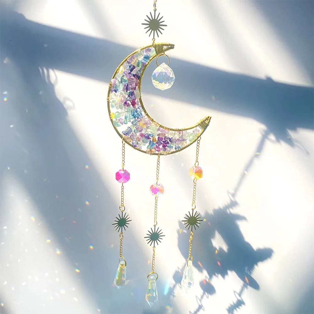 Fluorite Moon Sun Catcher Wind Chime - Crystal Hanging Ornament for Window Home Decor & Gift