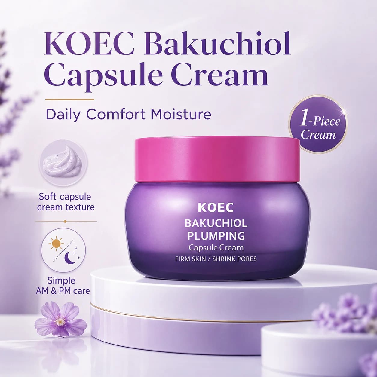 KOEC Bakuchiol Plumping Capsule Cream, Face Cream with Bakuchiol, Niacinamide & Collagen | Hydrating & Moisturizing Formula for More Even-Looking Skin, 1.76 Oz.