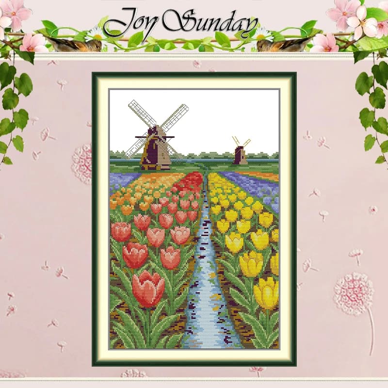 Tulip Field Scenery Patterns Counted Cross Stitch Set DIY 11CT 14CT 16CT HD Stamped DMC Cross-stitch Kit Embroidery Needlework