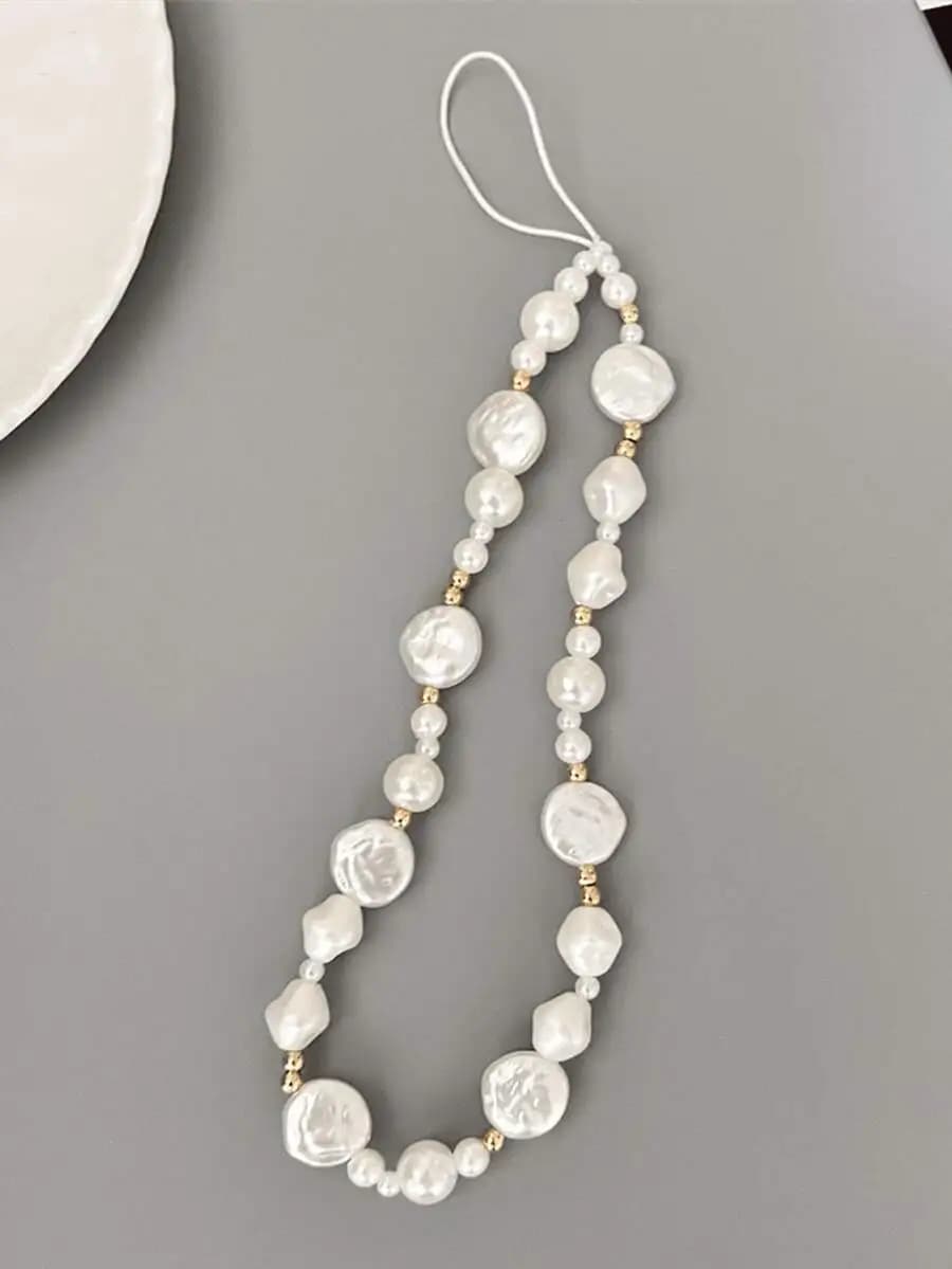 Asymmetric pearl bracelet with golden beads vintage elegant design black matte ceramic style phone chain keychain earphone strap