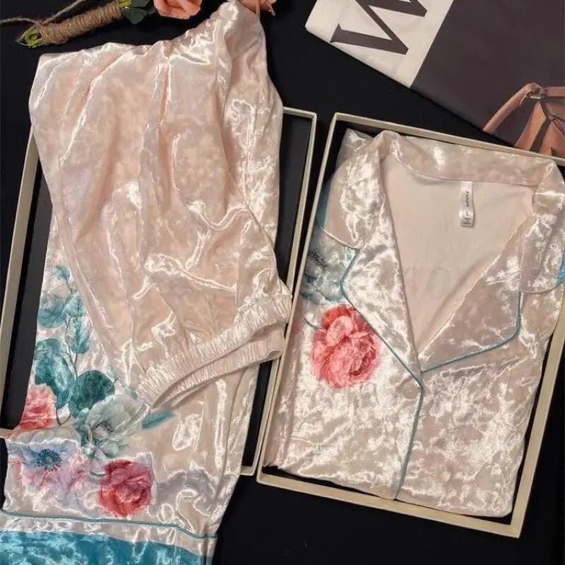 Velluto femminile 2 pezzi pigiama set loungewear elegante stampa fiore pantaloni pigiama vestito autunno inverno nuovi indumenti da notte vestiti per la casa