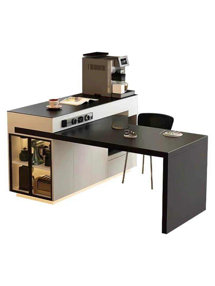 Tavolo da Pranzo Integrato per Isola Cucina, Girevole e Retrattile, con Piano in Pietra, per Cucine Medie e Piccoli Appartamenti
