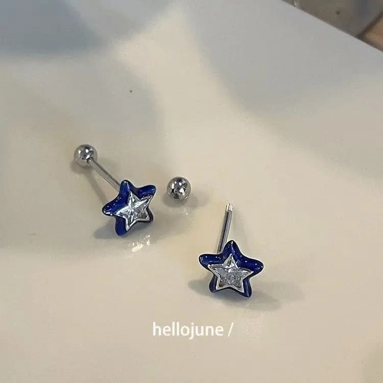Lsy Sapphire Oil-Drip Zircon Star Orecchini a bottone con chiusura a vite per donna, design di nicchia, orecchini alla moda semplici e versatili, pentagramma in zaffiro (coppia)
