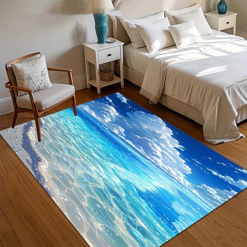 Tappeto con Motivo Onde Oceaniche, Antiscivolo e Lavabile, per Soggiorno, Camera da Letto, Ingresso, con Motivo di Mare e Cielo Turchese