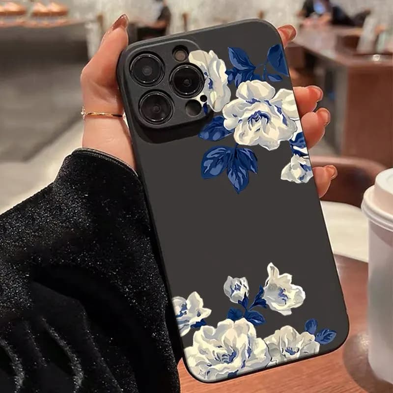 Custodia per telefono fiore blu e bianco per Samsung Galaxy S25 FE S24 Ultra S23 Plus S22 S21 A17 A16 A26 A36 A56 A55 A54 A25 A24 Cover