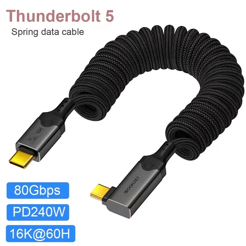 USB5 Full-featured Thunderbolt 5 Spring Data Cable 80Gbps Transmission PD240W Fast Charge 16K USB-C Video Cord for Laptops