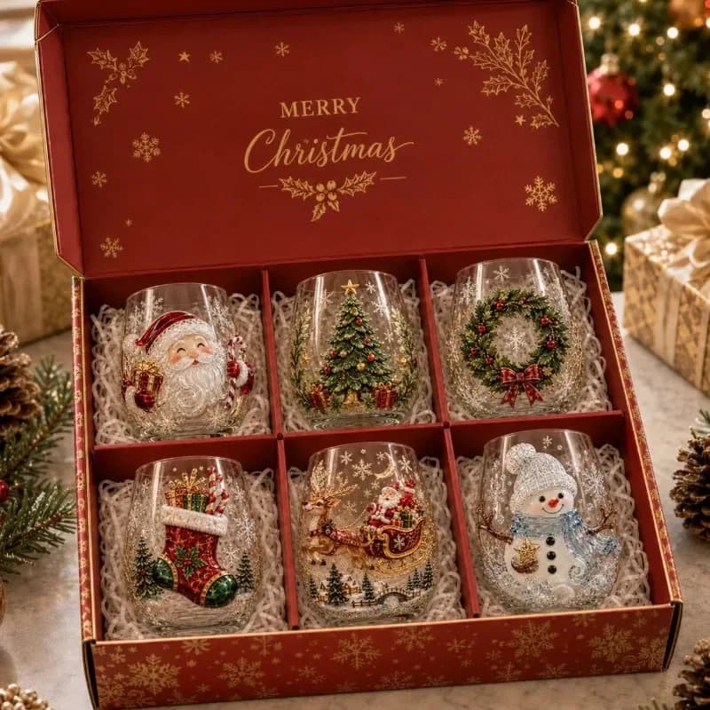 3D Christmas Glass Cup Art Luxury Raised Holiday Glassware Gift 6 Pcs,Stemless Wine Glasses Glassware for Coffee Tea Juice Milk